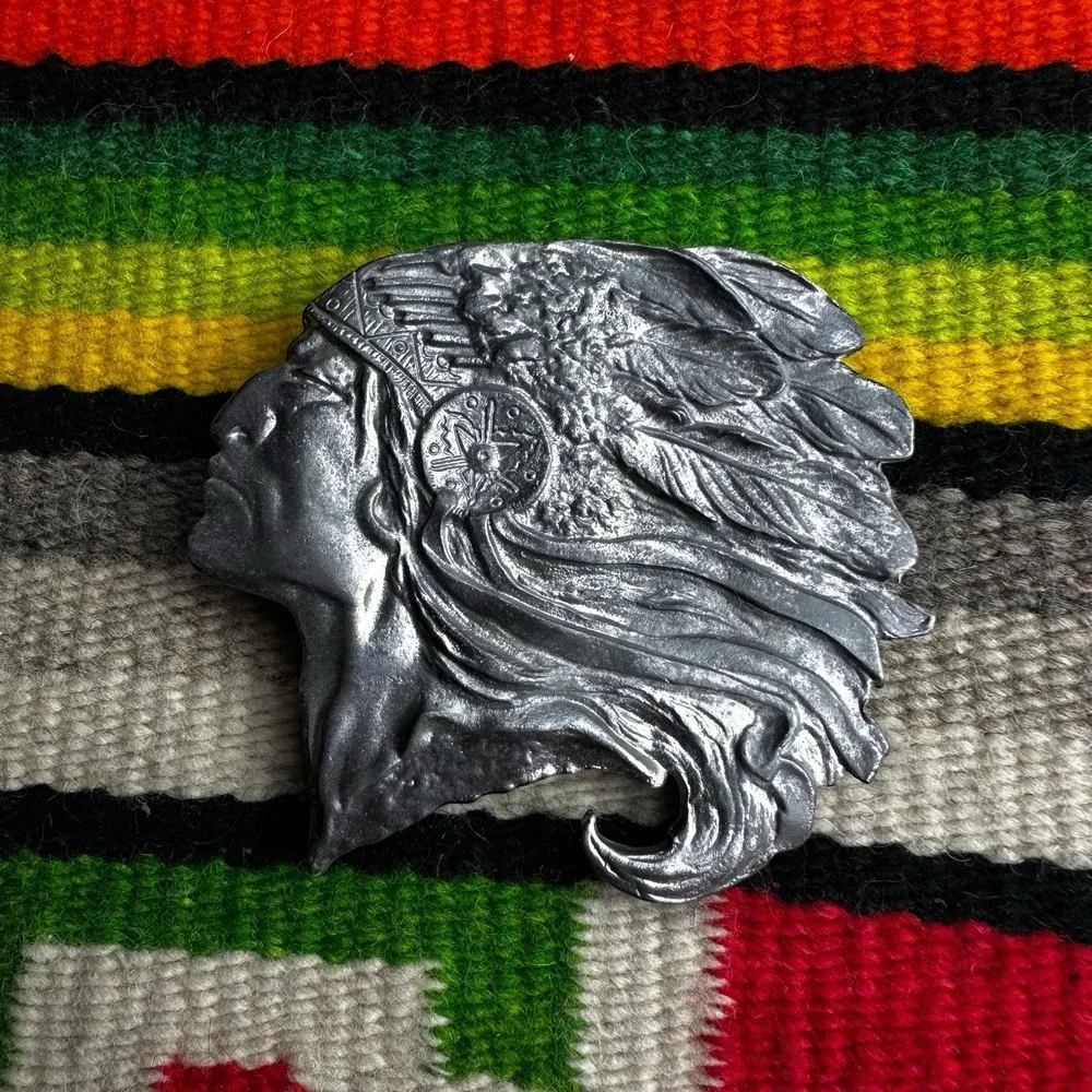 Vintage Pewter Chief Pontiac Indiana Metal Craft‎ Brass Belt Buckle 1970s C-60